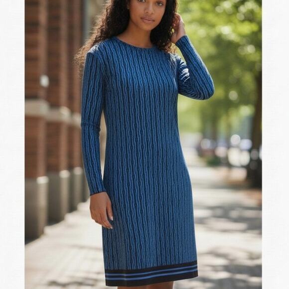 Michael Kors Dresses & Skirts - Michael Kors Blue Black Geometric Shift Dress Sz XL Stretchy Long Sleeve